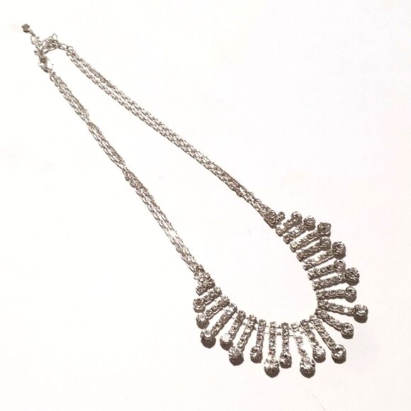 Silver Tone Prong Set Clear Rhinestone Bar Drop Necklace - Picture 3 of 7